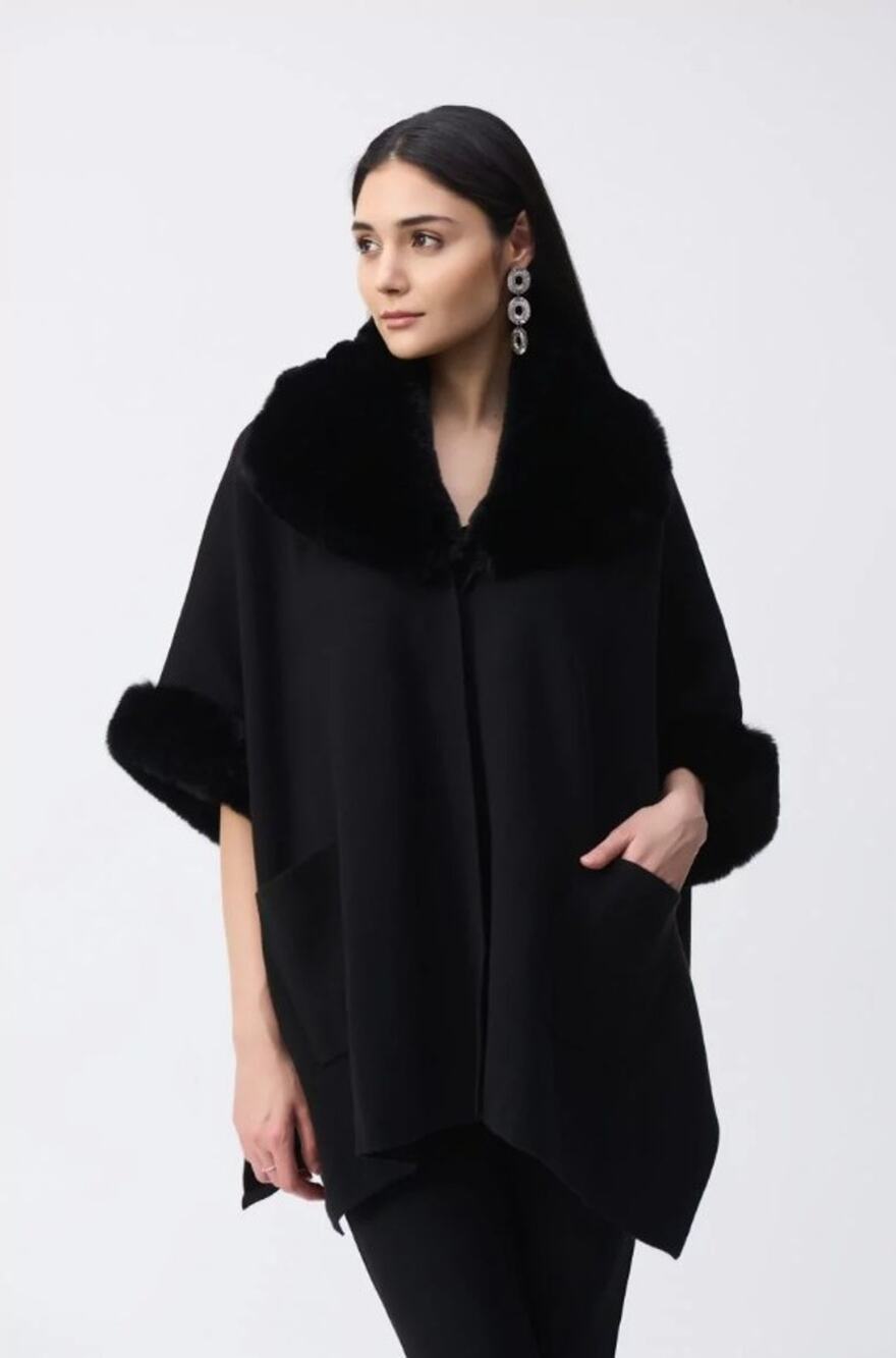 New Joseph Ribkoff Faux Fur Trim Oversized Cape One Size Oversized